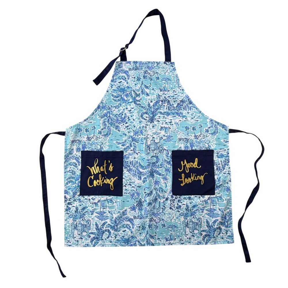 Lilly Pulitzer Blue Tropical Toile Apron Whats Cooking Good Looking Pockets